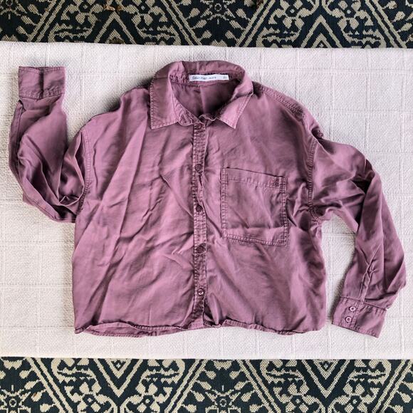 Calvin Klein Crop Button Up Collared Shirt Women Medium Purple Minimalist Eco - Picture 1 of 6